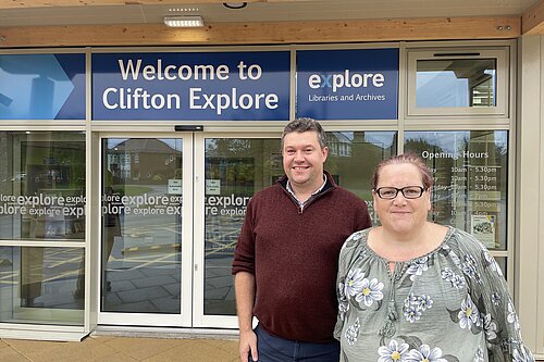 Sam Waudy and Derek Wann outside the new Clifton Explore librar