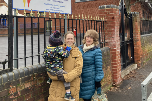 Councillors Eleanor Sampson and  Julia Frascona outside Trinity Road School