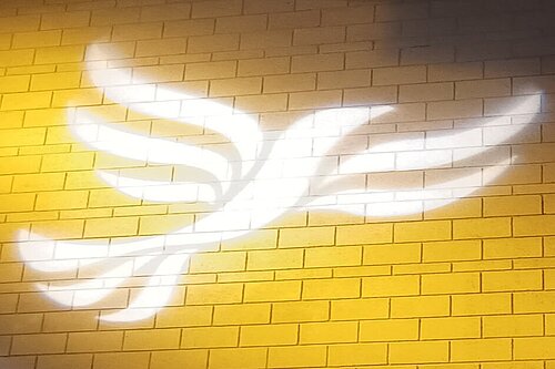 Lib Dem logo bird projected on blockwork