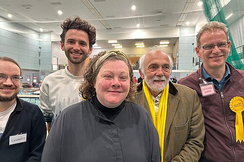 5 Exeter Lib Dems after the count at 4am, Cllr Tammy Palmer at the centre