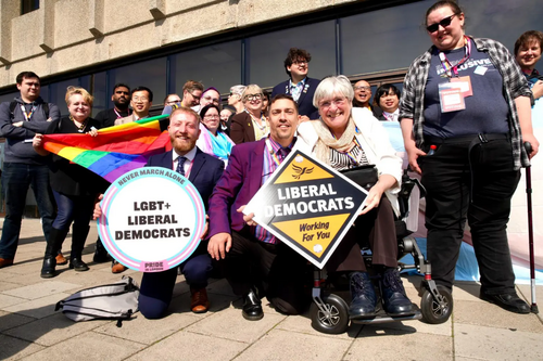 Lib Dem campaigns at the trans flag unveiling and demo at Brighton 2024