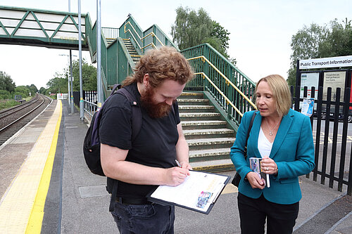 Helen Morgan campaigning at Whitchurch Station