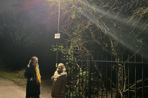 Councillors Jennie Lardge and Jude Deakin inspecting fixed street lighting